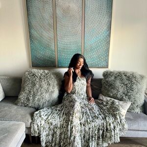 Misa Los Angeles Green and White Patterned Dress